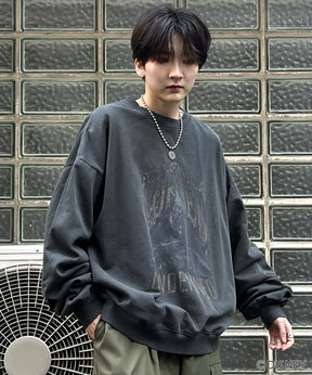 24SS【Disney / ディズニー】VILLAINS / ヴィランズ HADES / ハデス ビッグシルエット ヴィンテージライク ピグメント加工 レトロプリントスウェットプルオーバー