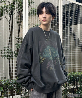 24SS【Disney / ディズニー】VILLAINS / ヴィランズ SCAR / スカ― ビッグシルエット ヴィンテージライク ピグメント加工 レトロプリントスウェットプルオーバー