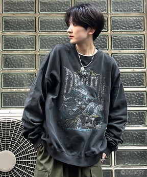 24SS【Disney / ディズニー】VILLAINS / ヴィランズ CRUELLA / クルエラ ビッグシルエット ヴィンテージライク ピグメント加工 レトロプリントスウェットプルオーバー