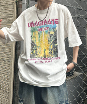 ヴィンテージライク ロックプリント レトロ ピグメント加工 ビッグシルエット半袖バンドTシャツ