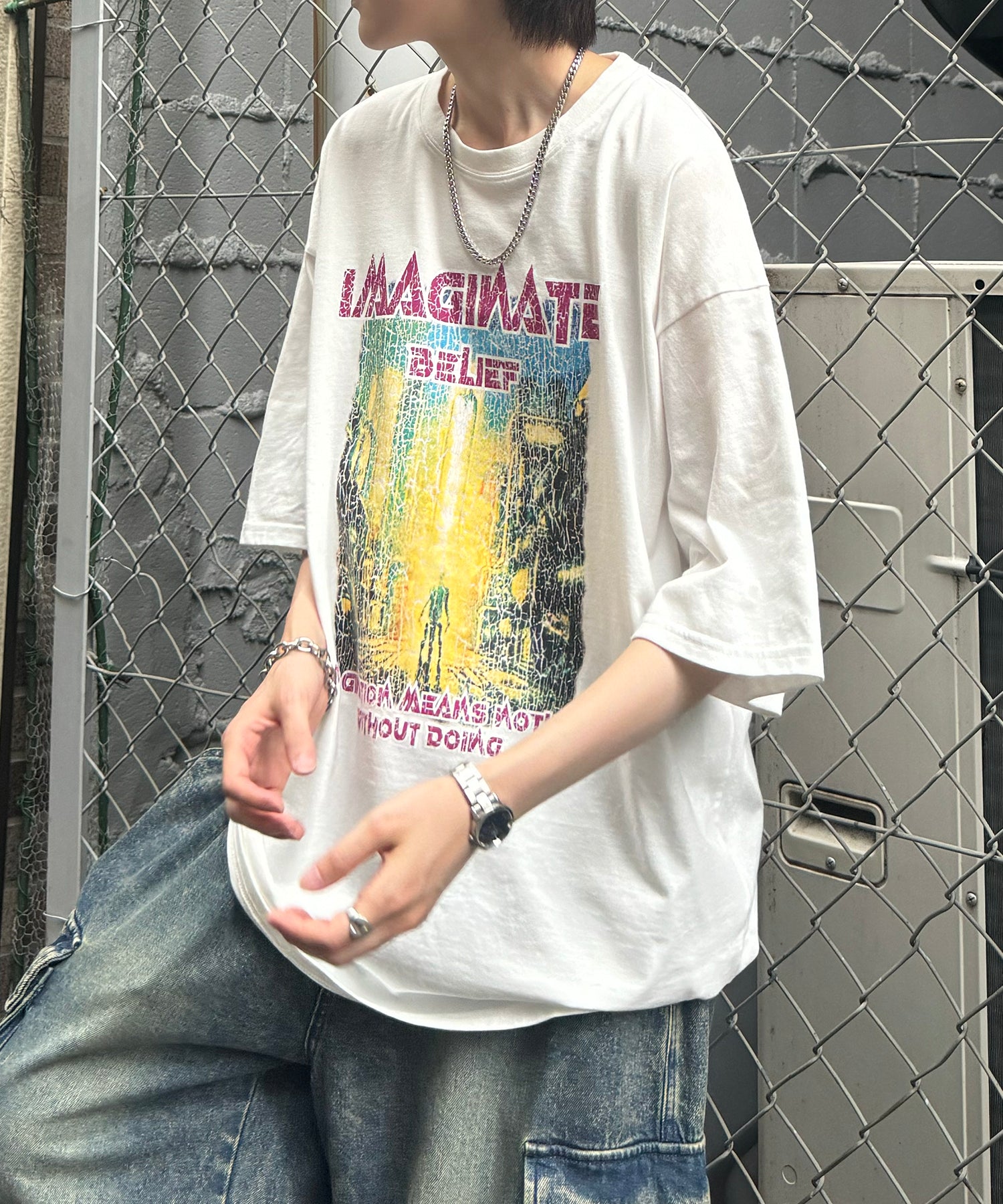 ヴィンテージライク ロックプリント レトロ ピグメント加工 ビッグシルエット半袖バンドTシャツ