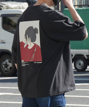 24SS 新柄 お団子ガール イラストバックプリント / ワンポイント刺繍 ビッグシルエット半袖Tシャツ