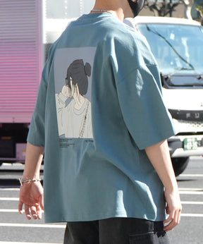 24SS 新柄 お団子ガール イラストバックプリント / ワンポイント刺繍 ビッグシルエット半袖Tシャツ