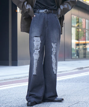 25AW ヴィンテージメイク ダメージ加工 ケミカルウォッシュ加工 ワイドストレートデニムパンツ