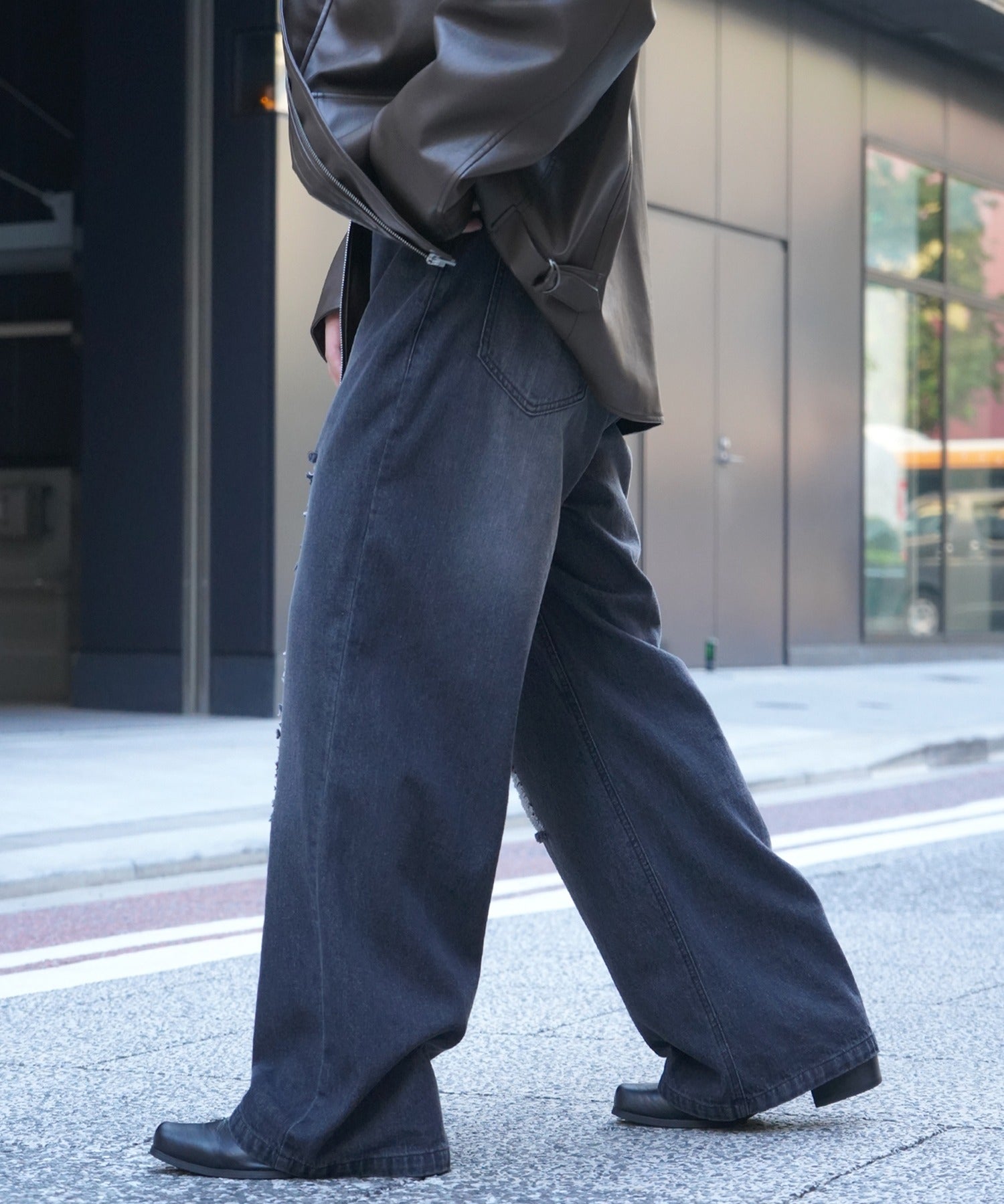 25AW ヴィンテージメイク ダメージ加工 ケミカルウォッシュ加工 ワイドストレートデニムパンツ