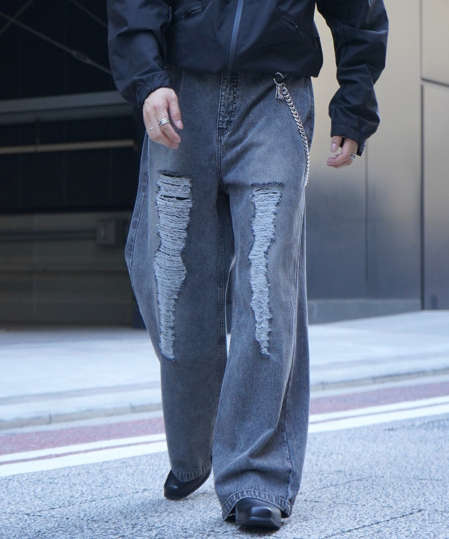 25AW ヴィンテージメイク ダメージ加工 ケミカルウォッシュ加工 ワイドストレートデニムパンツ