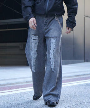 25AW ヴィンテージメイク ダメージ加工 ケミカルウォッシュ加工 ワイドストレートデニムパンツ