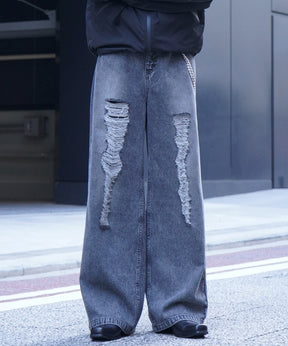 25AW ヴィンテージメイク ダメージ加工 ケミカルウォッシュ加工 ワイドストレートデニムパンツ