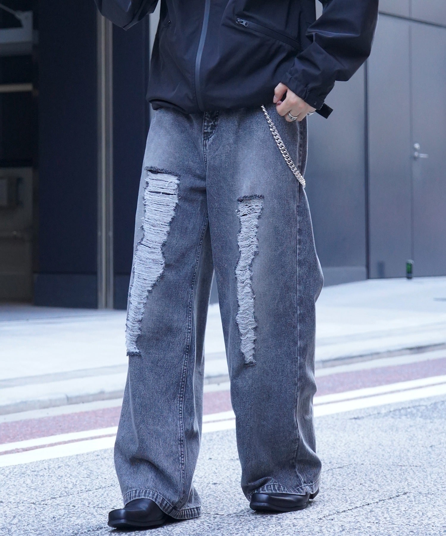 25AW ヴィンテージメイク ダメージ加工 ケミカルウォッシュ加工 ワイドストレートデニムパンツ