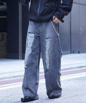 25AW ヴィンテージメイク ダメージ加工 ケミカルウォッシュ加工 ワイドストレートデニムパンツ