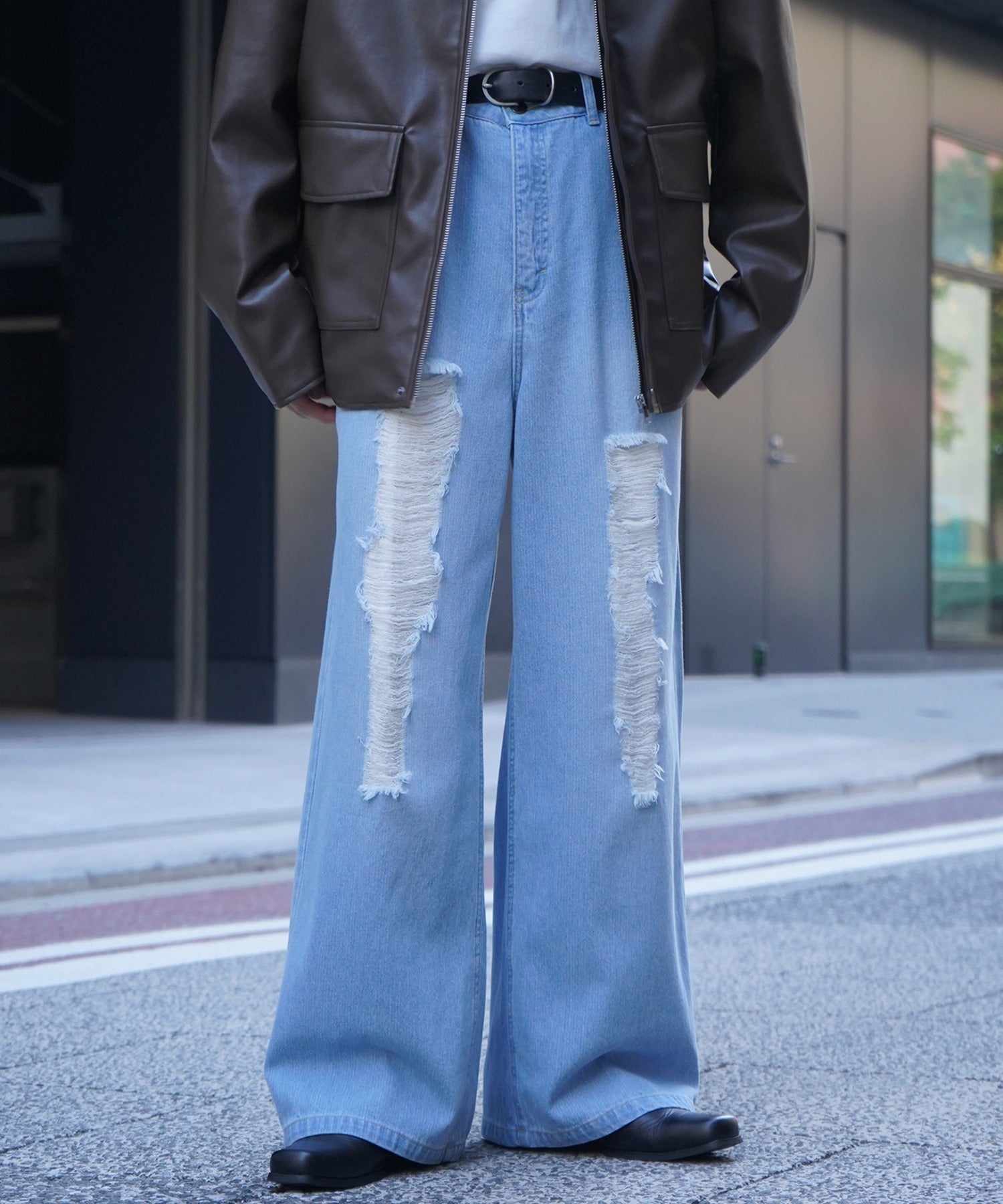 25AW ヴィンテージメイク ダメージ加工 ケミカルウォッシュ加工 ワイドストレートデニムパンツ