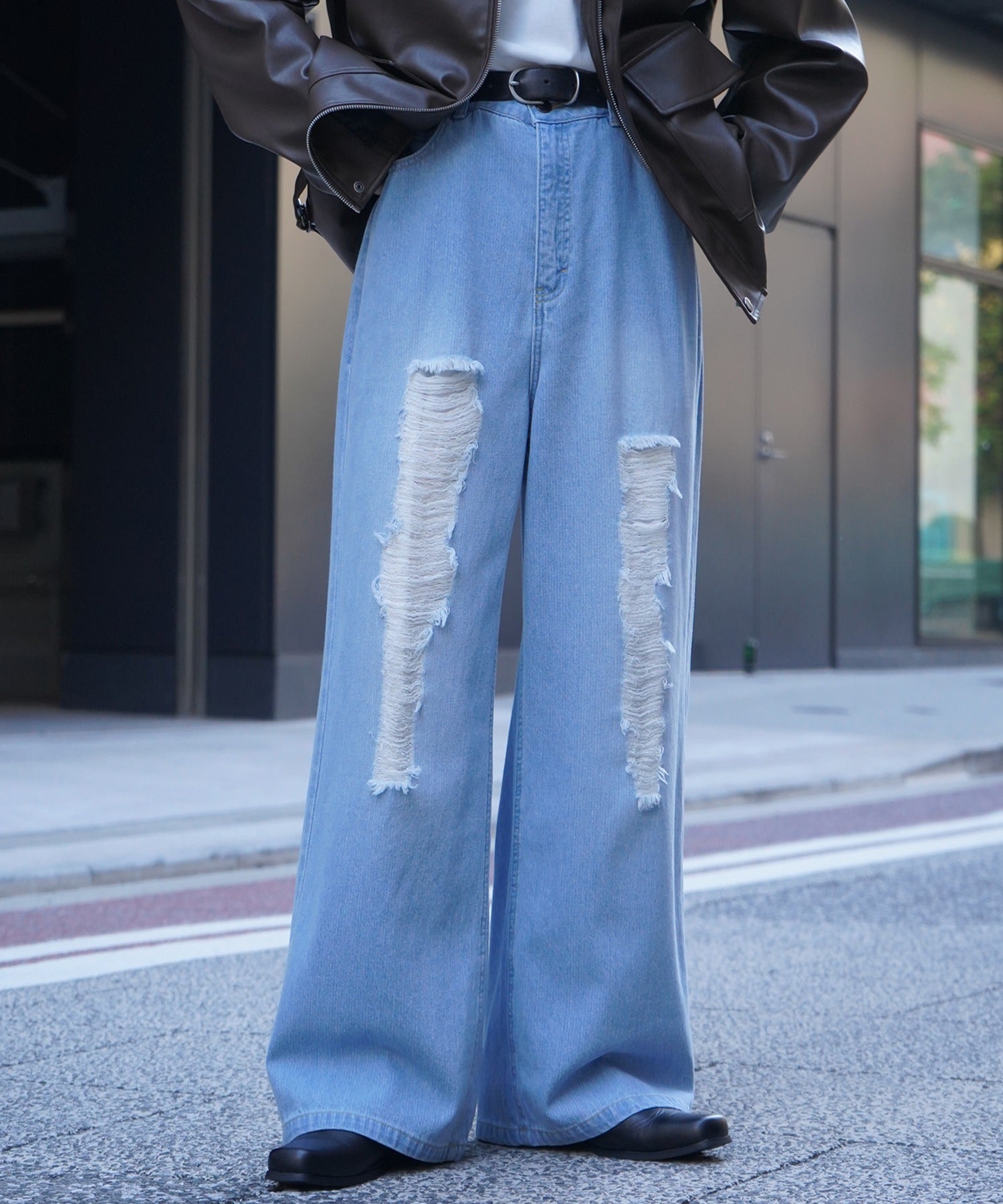 25AW ヴィンテージメイク ダメージ加工 ケミカルウォッシュ加工 ワイドストレートデニムパンツ