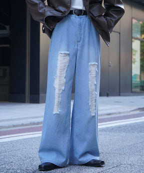 25AW ヴィンテージメイク ダメージ加工 ケミカルウォッシュ加工 ワイドストレートデニムパンツ
