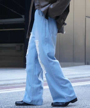 25AW ヴィンテージメイク ダメージ加工 ケミカルウォッシュ加工 ワイドストレートデニムパンツ