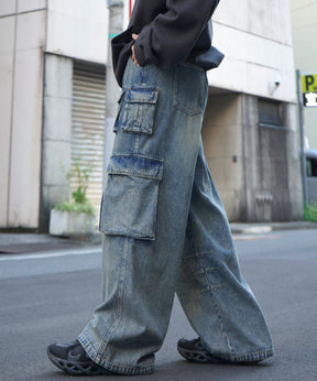 25SS ヴィンテージメイク レトロライク Y2Kグランジ ケミカル加工 マルチポケットデニムカーゴパンツ