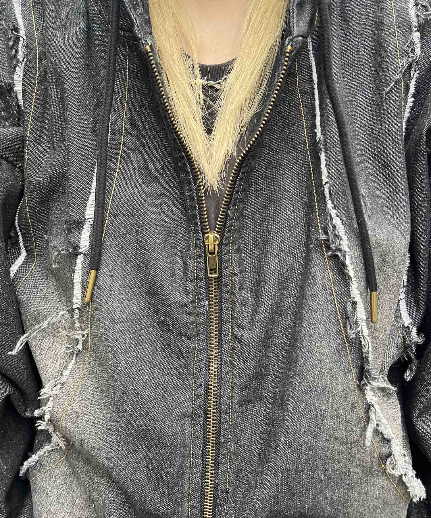 グランジ加工 フルジップ デニムフーディ