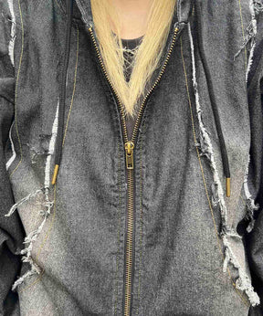 グランジ加工 フルジップ デニムフーディ