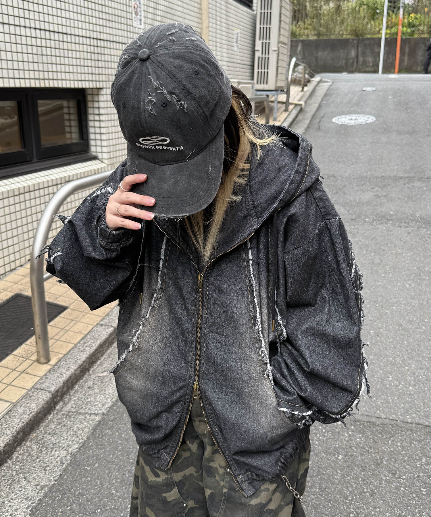 グランジ加工 フルジップ デニムフーディ