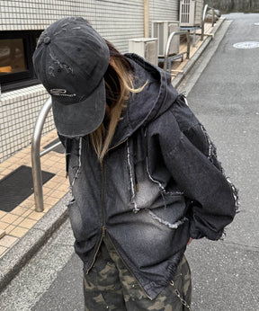 グランジ加工 フルジップ デニムフーディ
