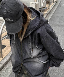 グランジ加工 フルジップ デニムフーディ