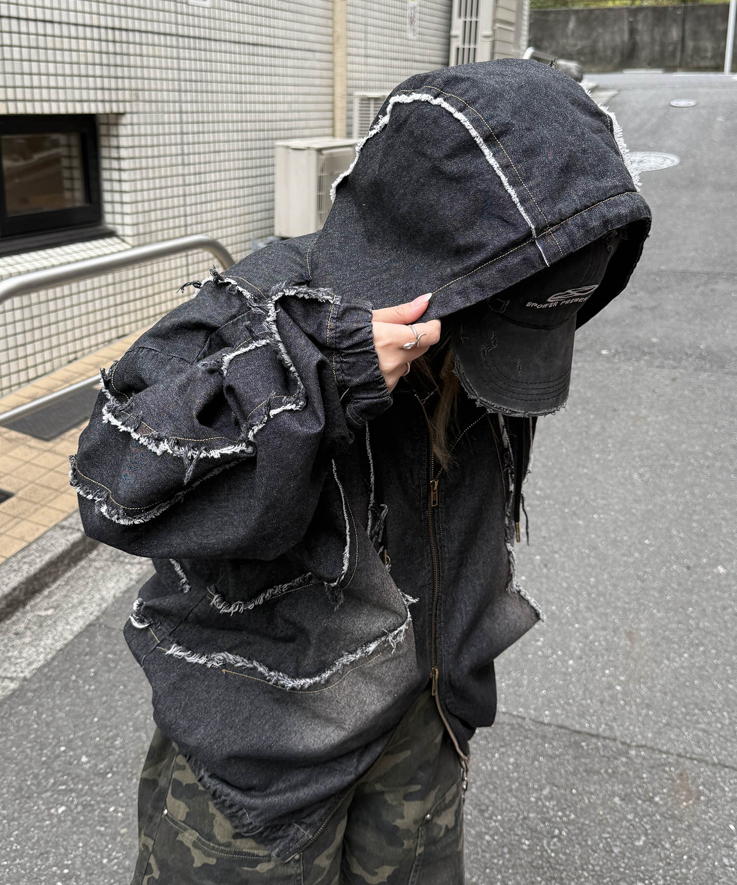 グランジ加工 フルジップ デニムフーディ