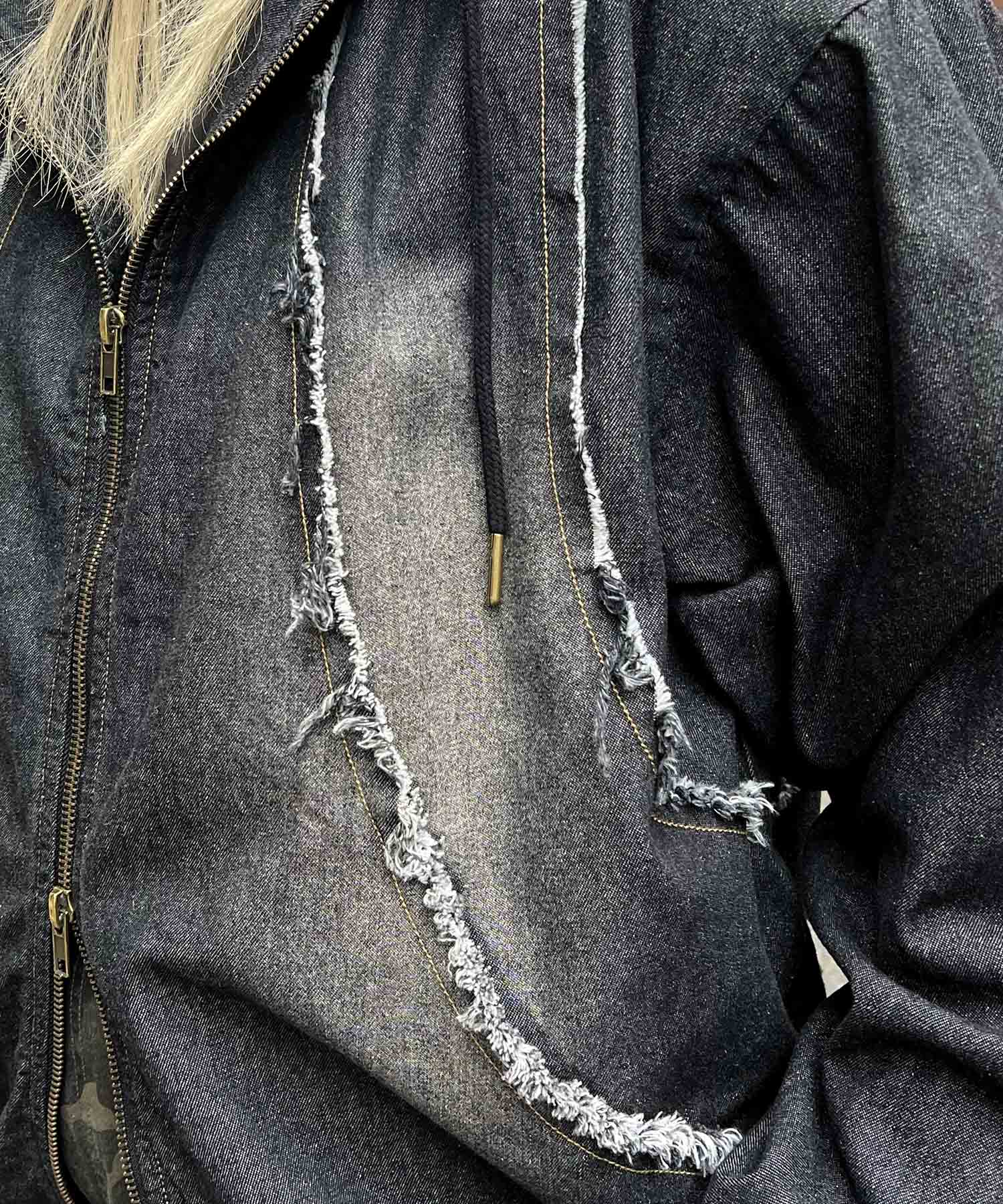 グランジ加工 フルジップ デニムフーディ