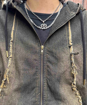 グランジ加工 フルジップ デニムフーディ