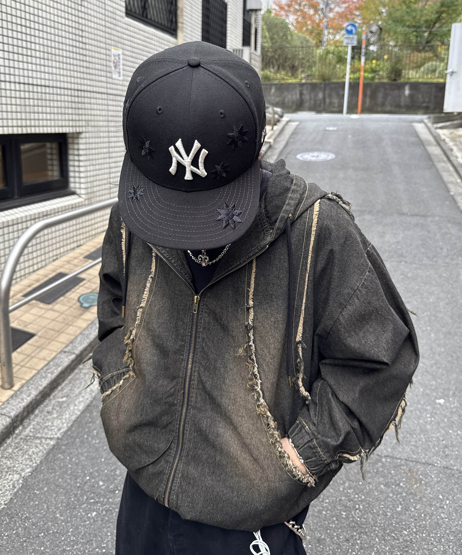 グランジ加工 フルジップ デニムフーディ