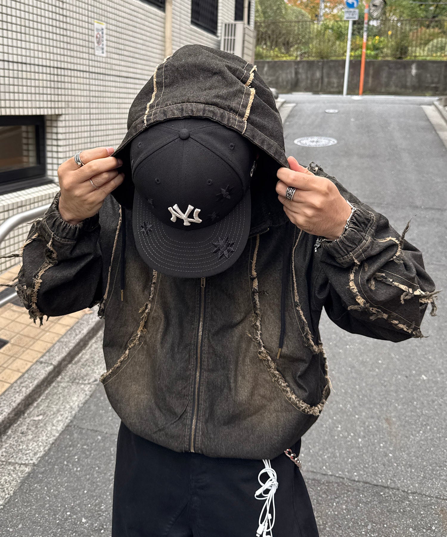 グランジ加工 フルジップ デニムフーディ