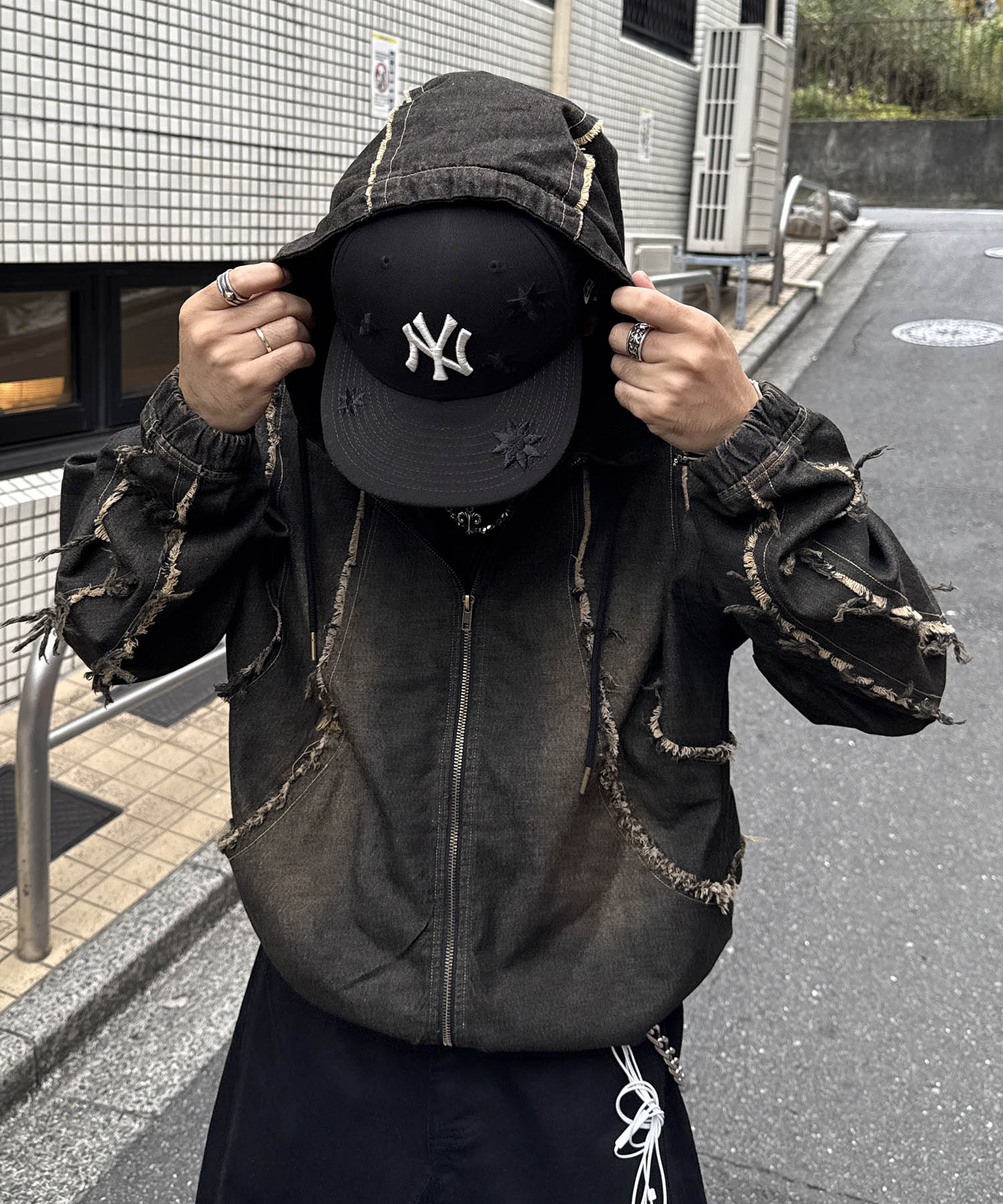 グランジ加工 フルジップ デニムフーディ