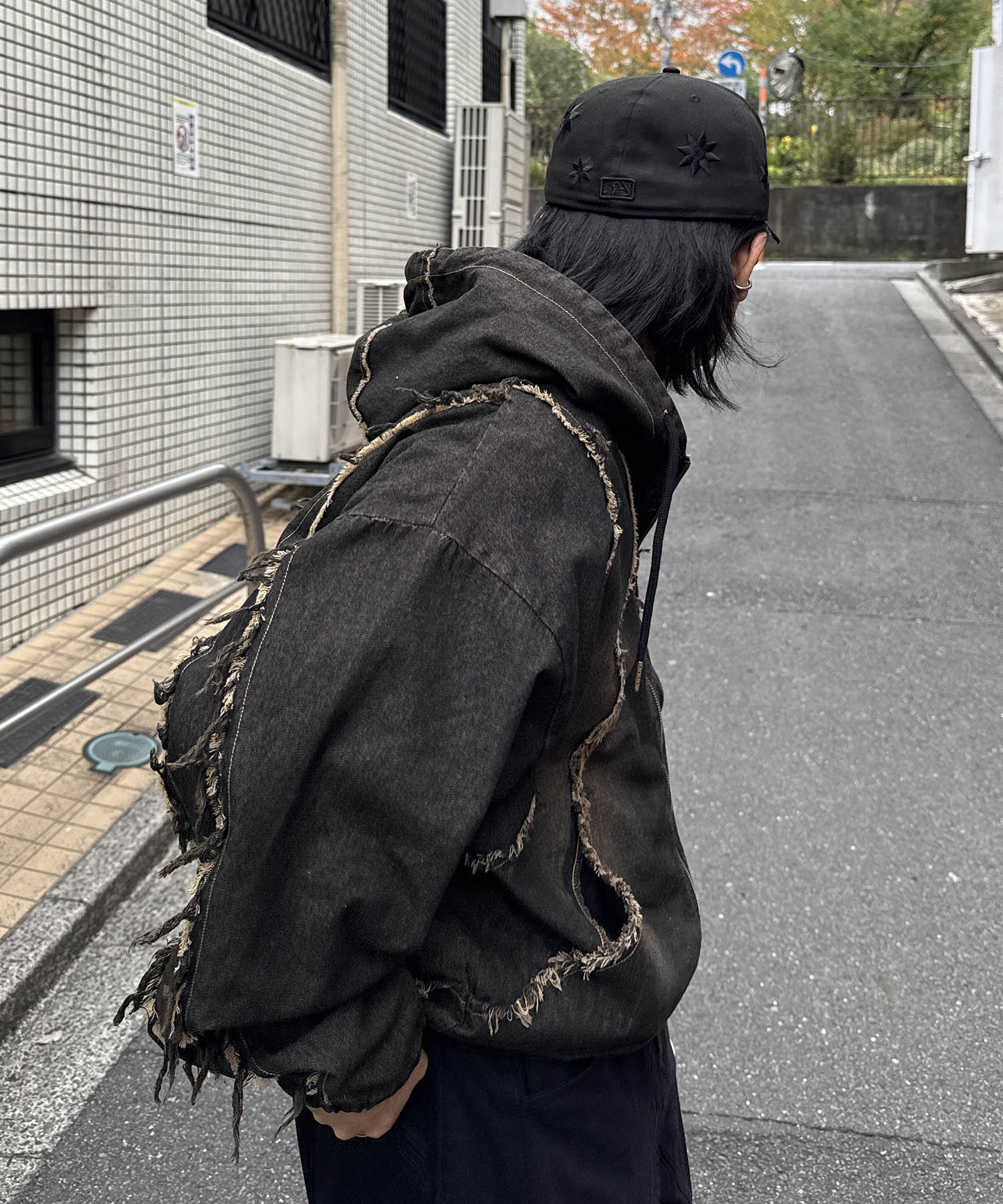 グランジ加工 フルジップ デニムフーディ