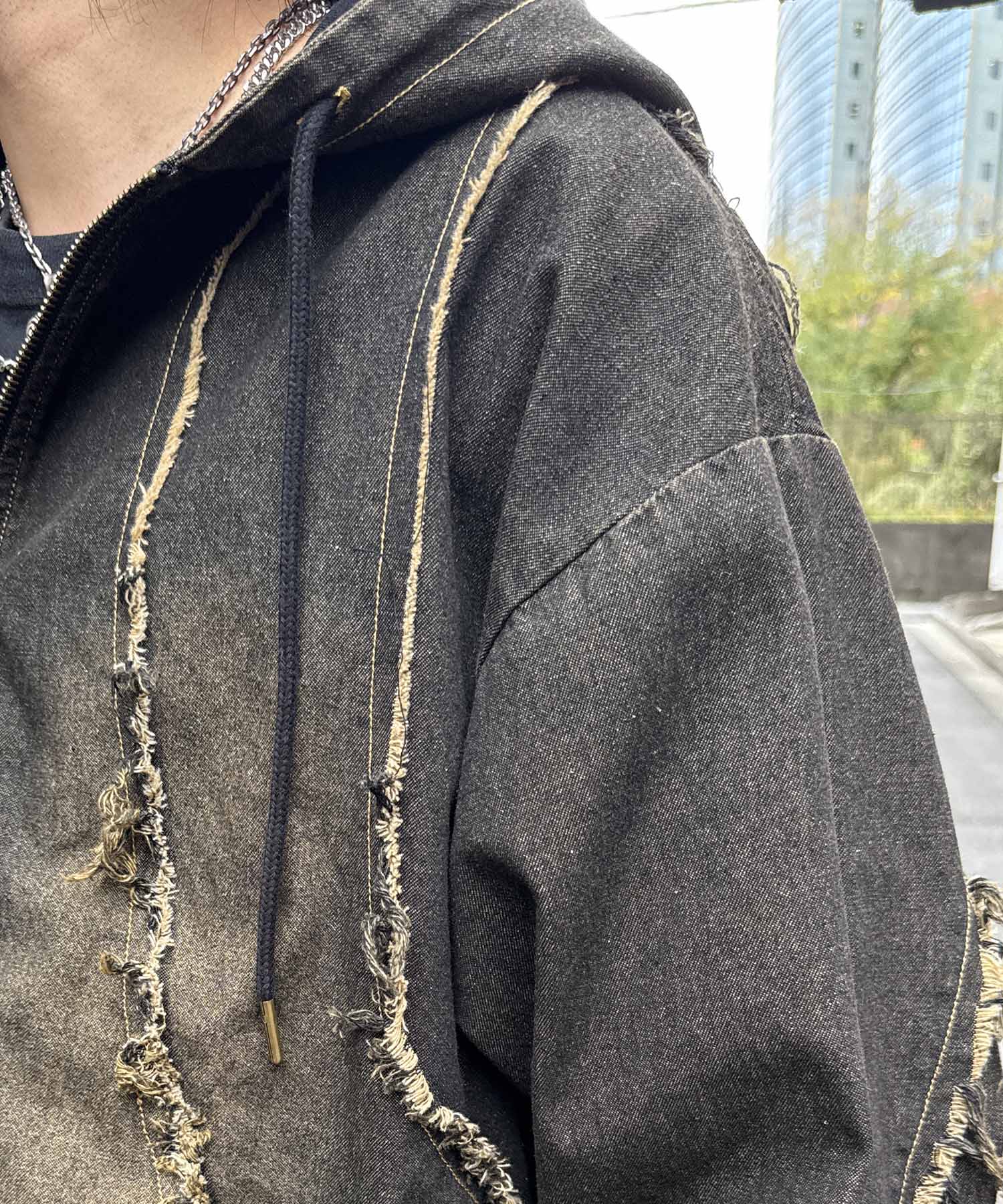 グランジ加工 フルジップ デニムフーディ