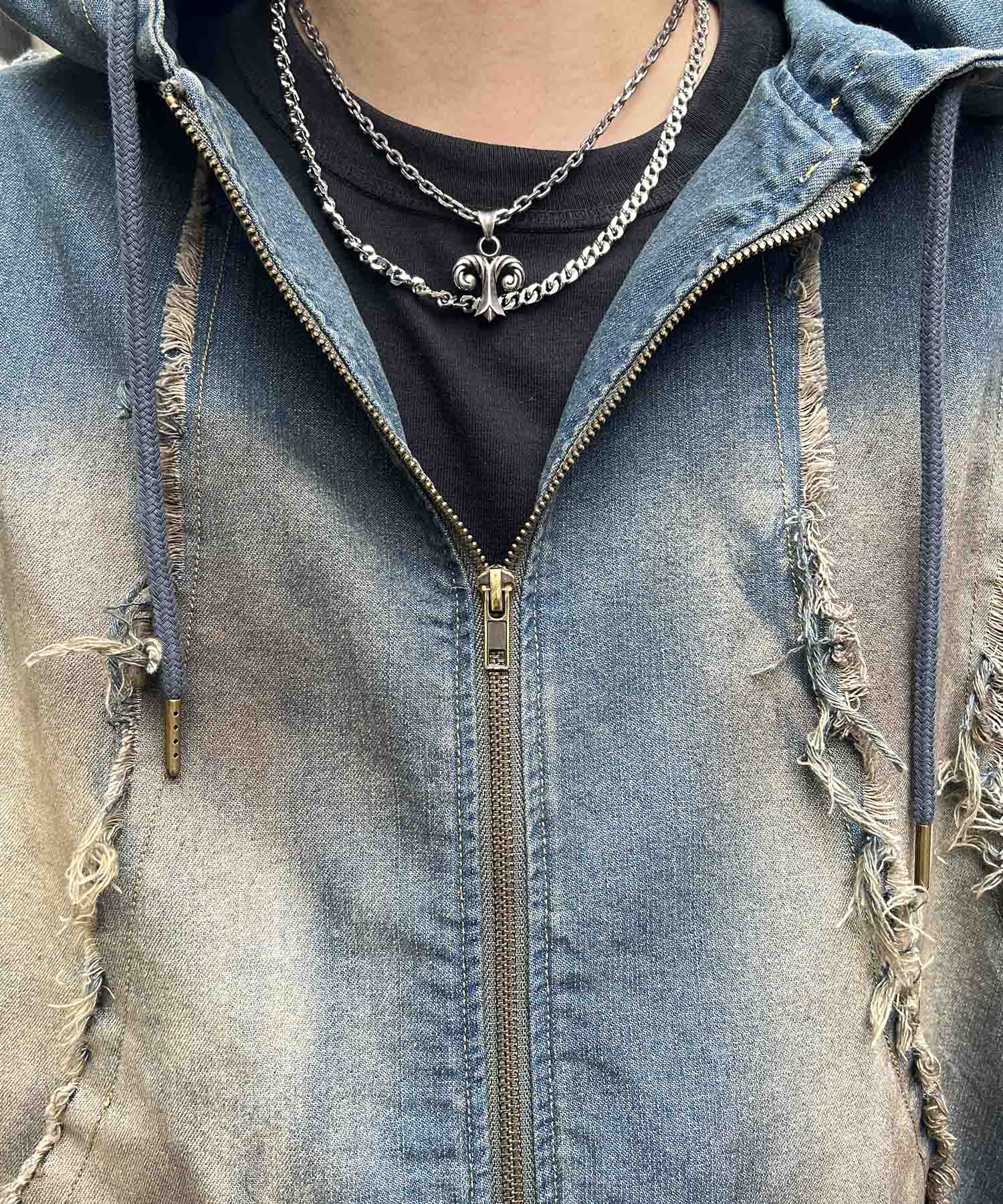 グランジ加工 フルジップ デニムフーディ