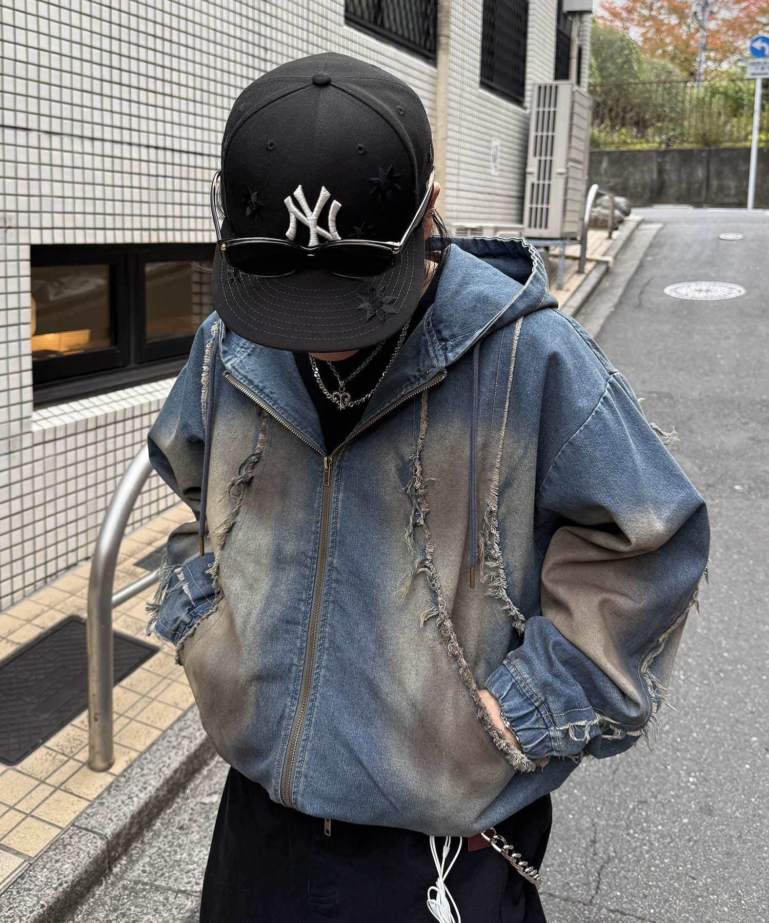 グランジ加工 フルジップ デニムフーディ