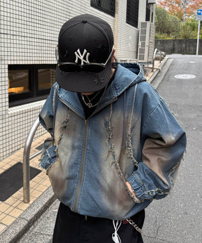 グランジ加工 フルジップ デニムフーディ