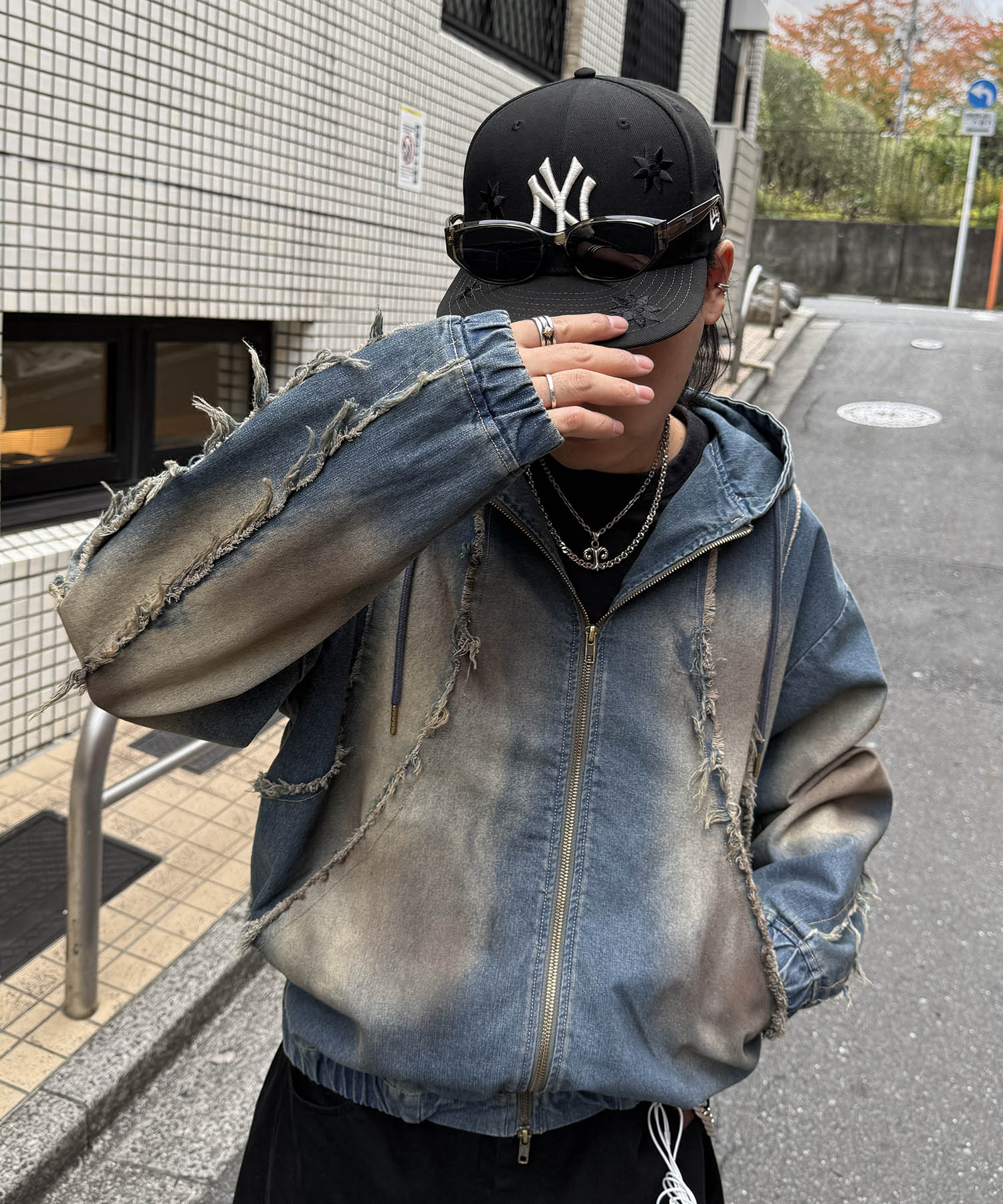 グランジ加工 フルジップ デニムフーディ