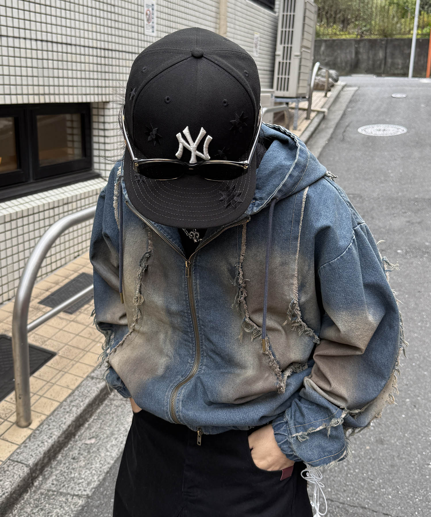 グランジ加工 フルジップ デニムフーディ