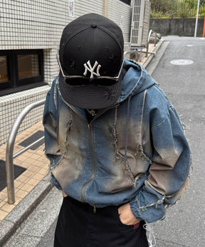 グランジ加工 フルジップ デニムフーディ