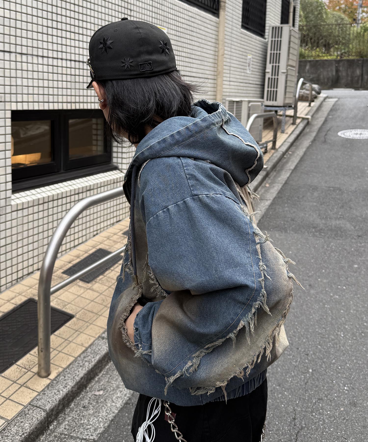 グランジ加工 フルジップ デニムフーディ