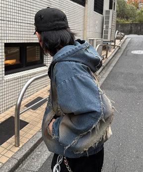 グランジ加工 フルジップ デニムフーディ