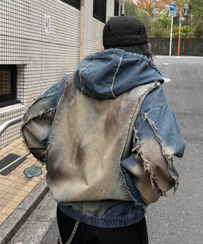 グランジ加工 フルジップ デニムフーディ