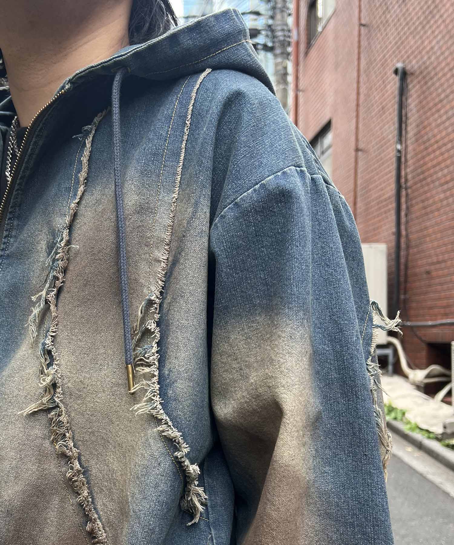 グランジ加工 フルジップ デニムフーディ