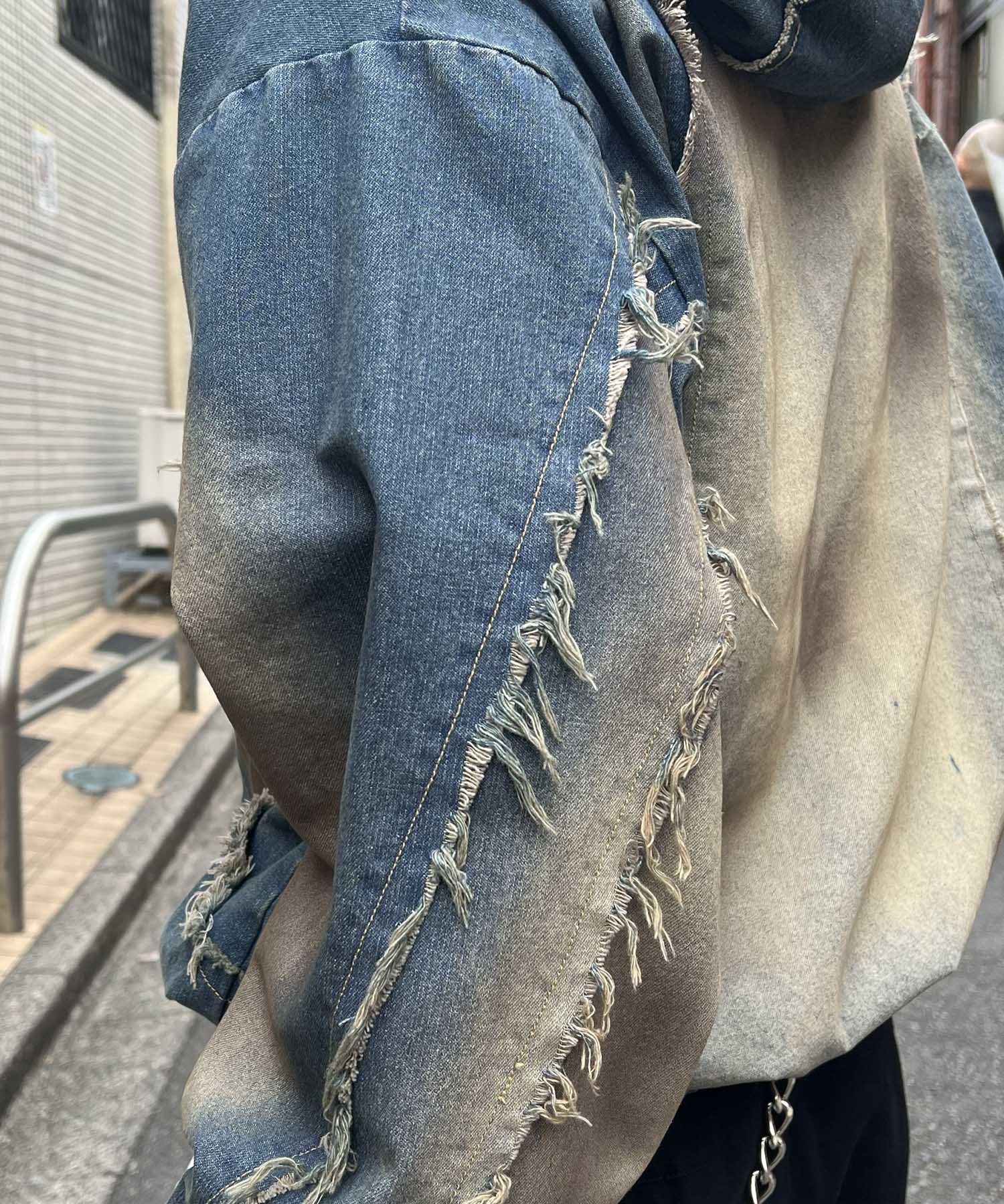 グランジ加工 フルジップ デニムフーディ