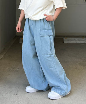 25SS【新色追加】ミリタリーワイドカーゴパンツ オーバーサイズ  サイドポケット 裾ドローコード パラシュートパンツ