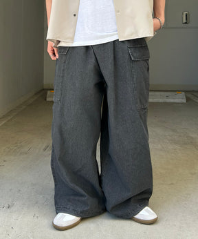 25SS【新色追加】ミリタリーワイドカーゴパンツ オーバーサイズ  サイドポケット 裾ドローコード パラシュートパンツ