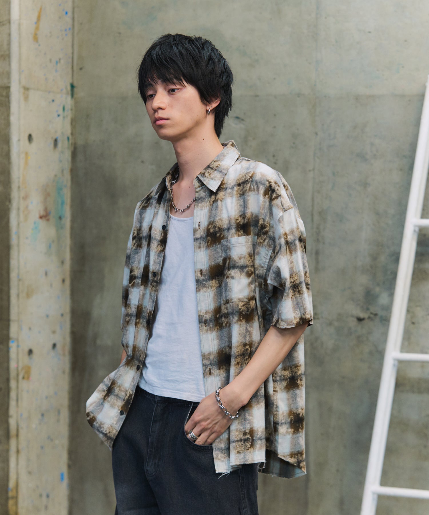 ウォッシュ加工 半袖チェックシャツ