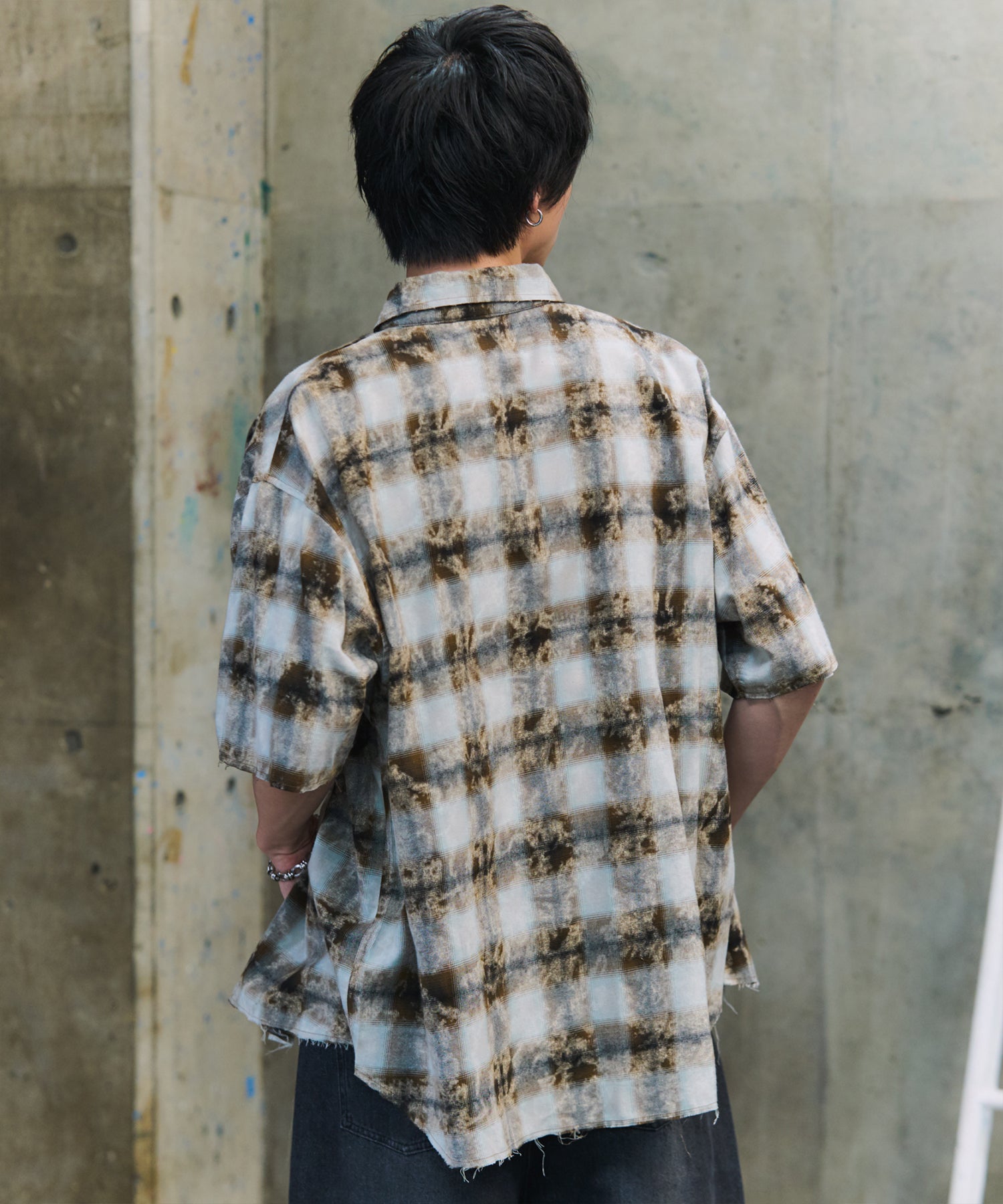ウォッシュ加工 半袖チェックシャツ