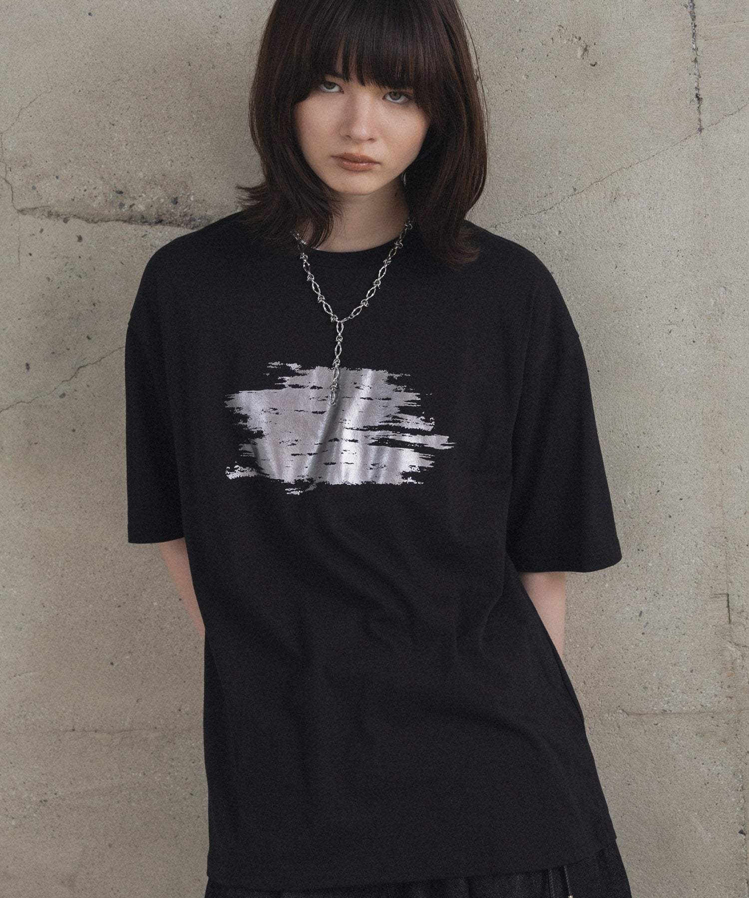 アブストラクトグラフィック箔プリント 半袖Tシャツ