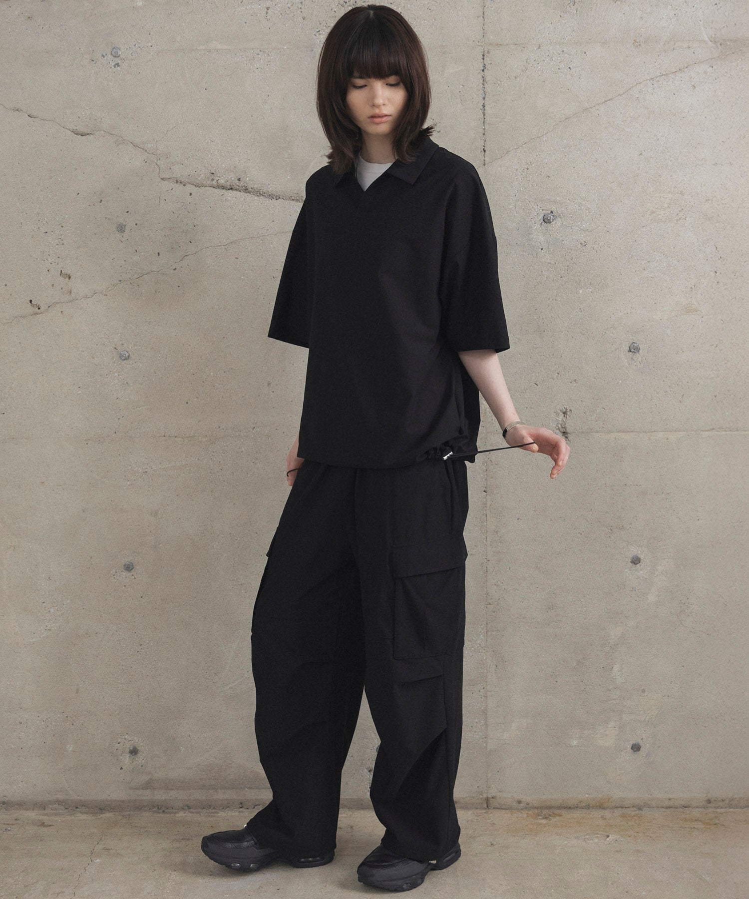 ビックシルエット ポリメッシュ ドロスト スキッパーシャツ