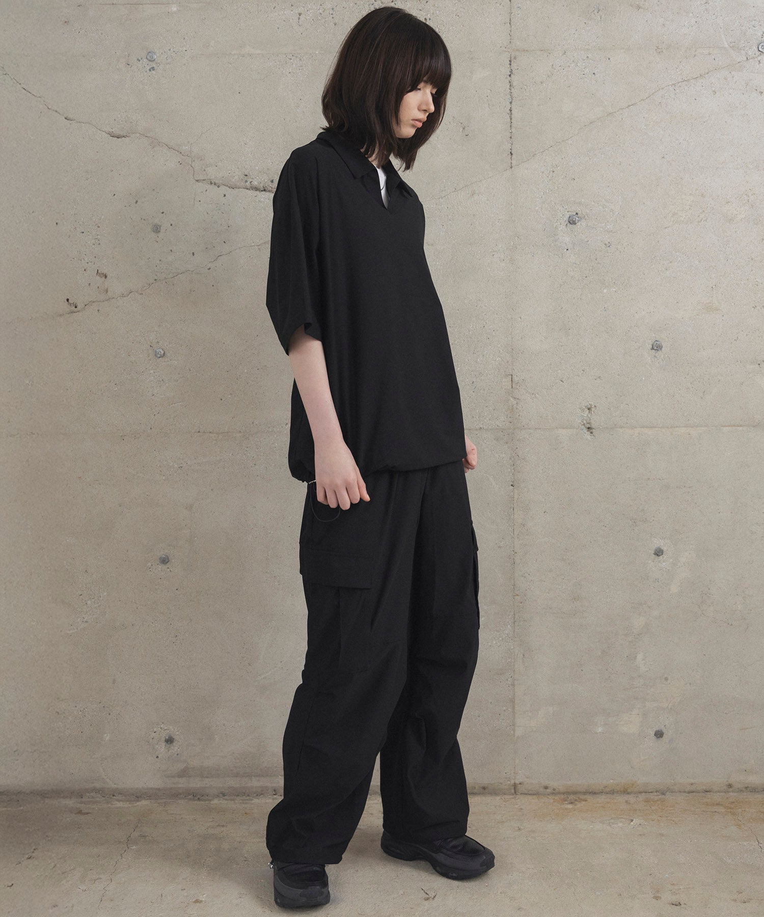 ビックシルエット ポリメッシュ ドロスト スキッパーシャツ